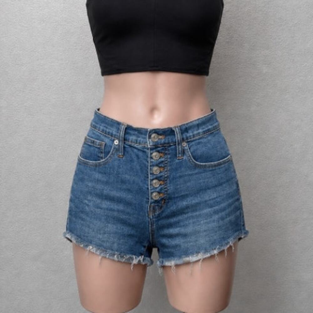 Madewell High Rise Denim Button Fly Shorts Derby Medium Wash Raw Cuffs 26